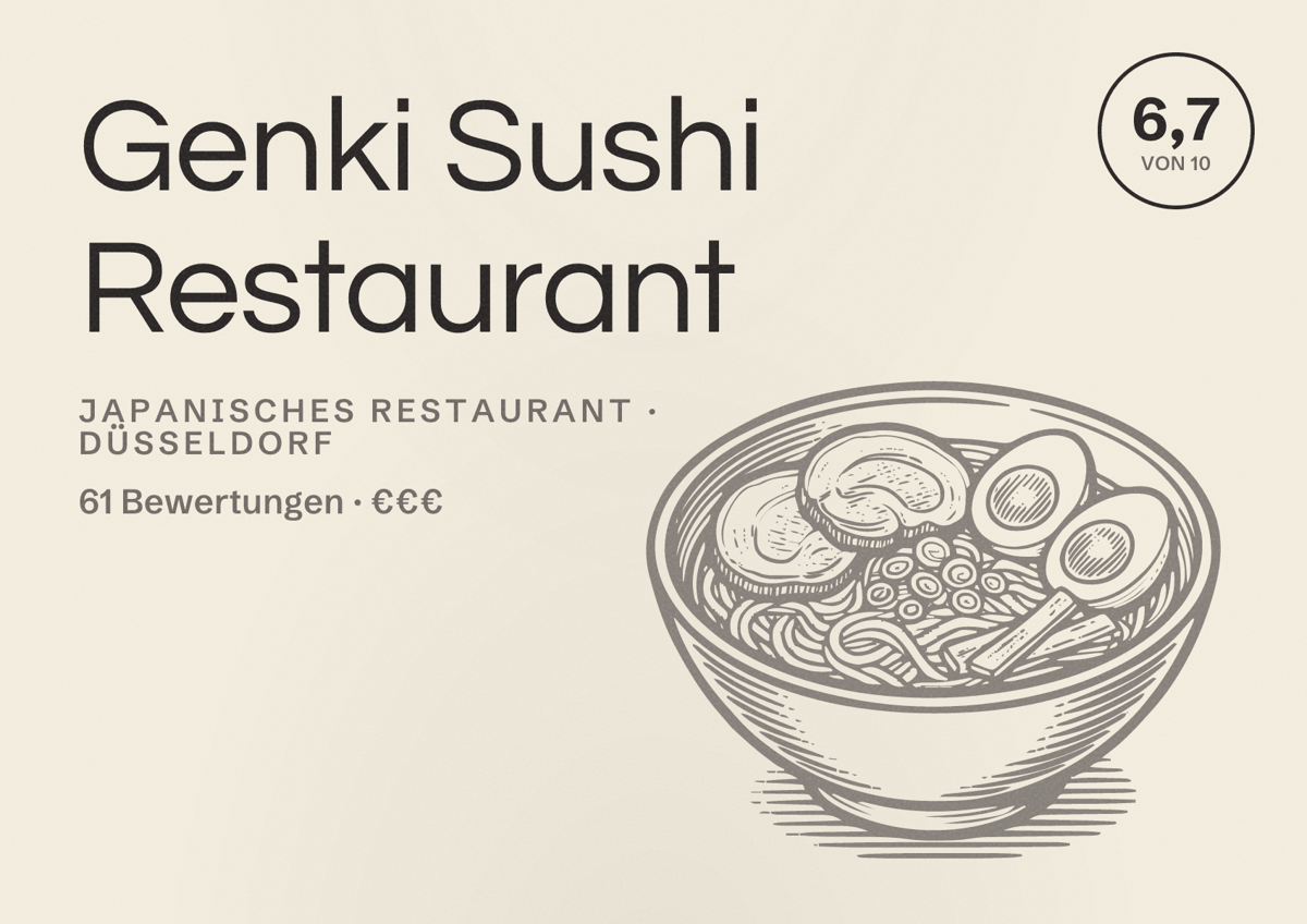 Illustriertes Poster von Genki Sushi Restaurant, Japanisches Restaurant in Düsseldorf: Bewertung 6,7 von 10 aus 61 Bewertungen, Preisniveau €€€