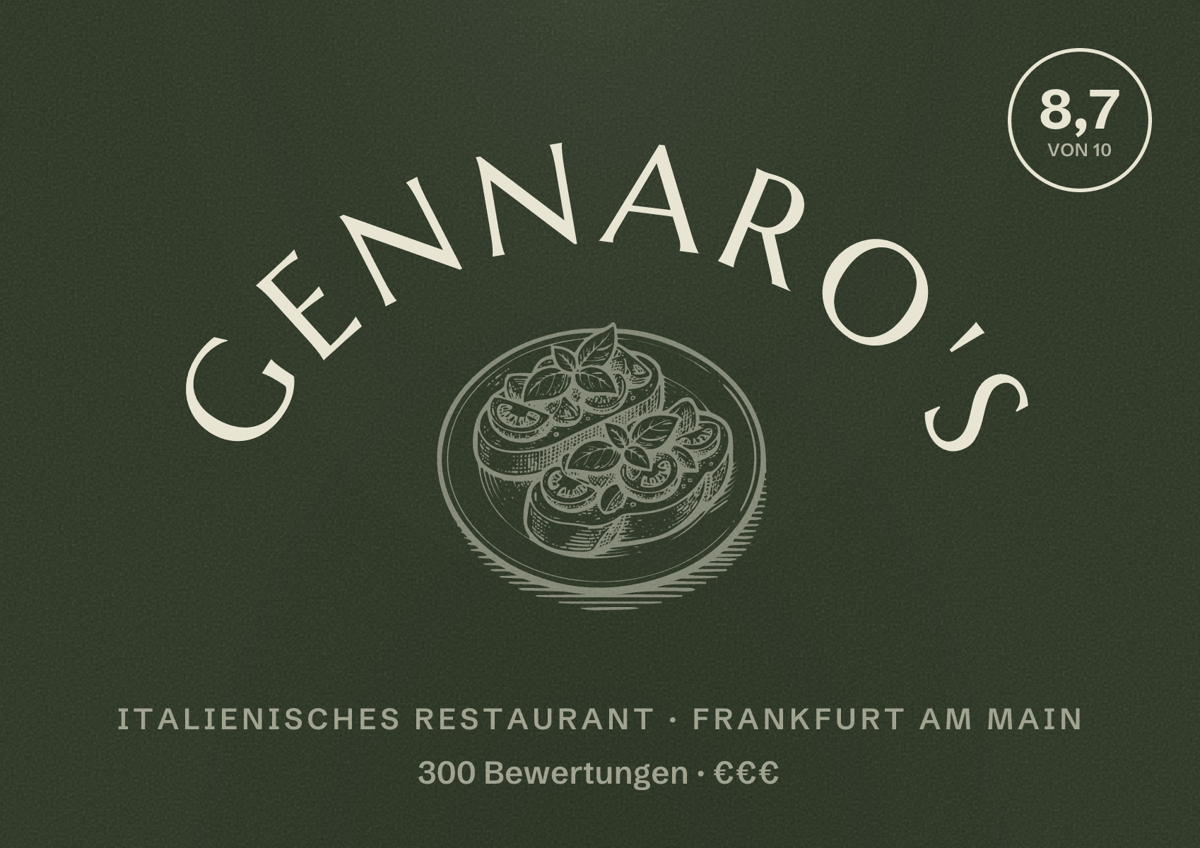Illustriertes Poster von Gennaro's, Italienisches Restaurant in Frankfurt am Main: Bewertung 8,7 von 10 aus 300 Bewertungen, Preisniveau €€€