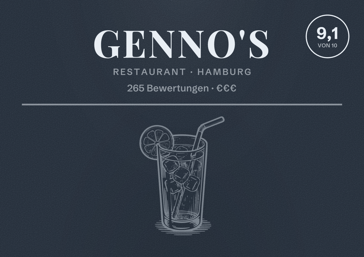 Illustriertes Poster von Genno's, Restaurant in Hamburg: Bewertung 9,1 von 10 aus 265 Bewertungen, Preisniveau €€€