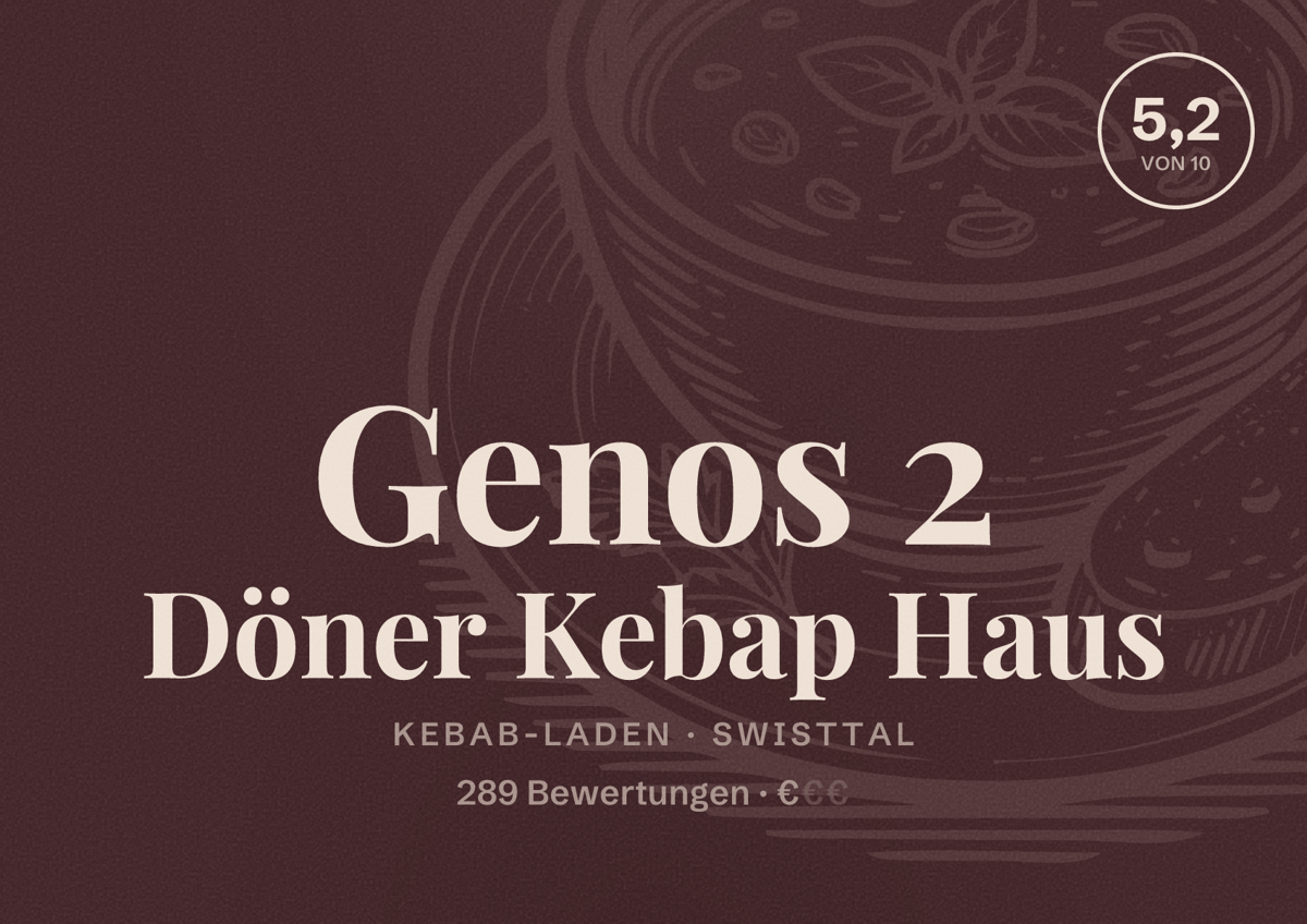 Illustriertes Poster von Genos 2 Döner Kebap Haus, Kebab-Laden in Swisttal: Bewertung 5,2 von 10 aus 289 Bewertungen, Preisniveau €