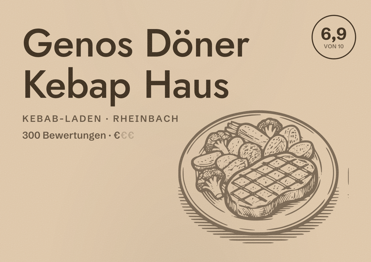 Illustriertes Poster von Genos Döner Kebap Haus, Kebab-Laden in Rheinbach: Bewertung 6,9 von 10 aus 300 Bewertungen, Preisniveau €