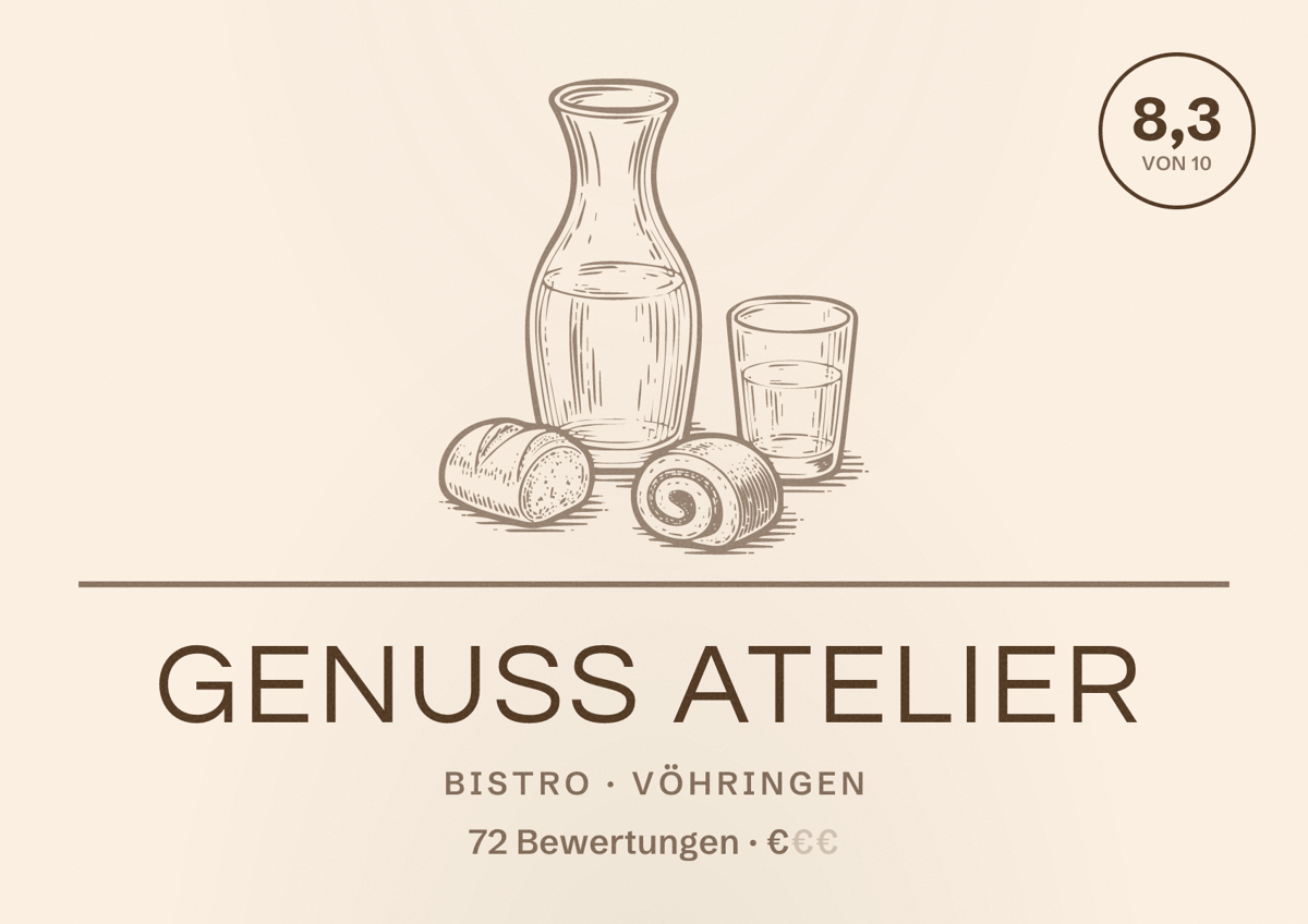 Illustriertes Poster von Genuss Atelier, Bistro in Vöhringen: Bewertung 8,3 von 10 aus 72 Bewertungen, Preisniveau €