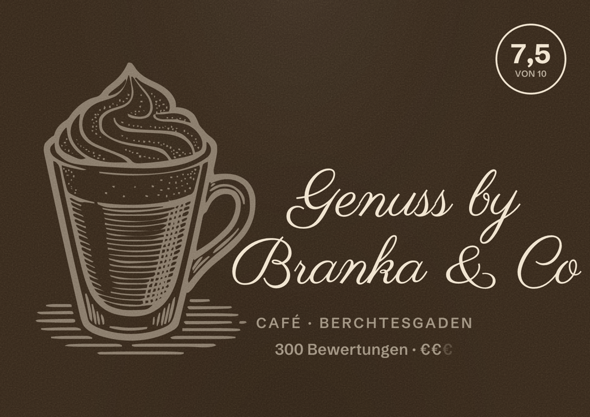 Illustriertes Poster von Genuss by Branka & Co, Café in Berchtesgaden: Bewertung 7,5 von 10 aus 300 Bewertungen, Preisniveau €€