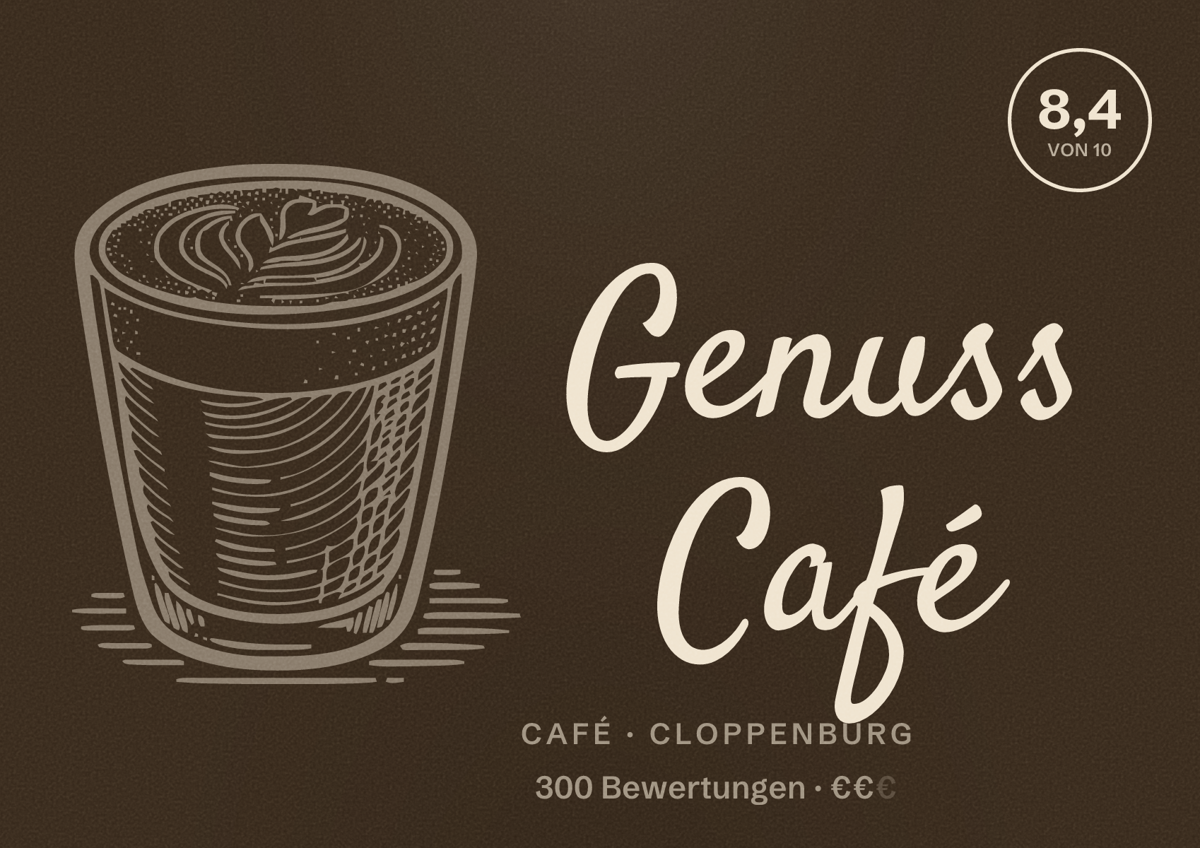 Illustriertes Poster von Genuss Café, Café in Cloppenburg: Bewertung 8,4 von 10 aus 300 Bewertungen, Preisniveau €€