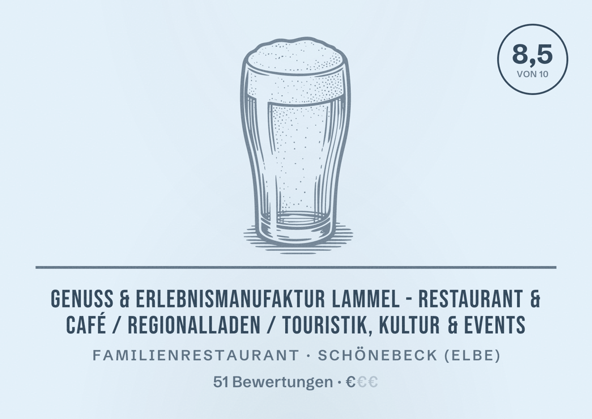 Illustriertes Poster von Genuss & Erlebnismanufaktur Lammel - Restaurant & Café / Regionalladen / Touristik, Kultur & Events, Familienrestaurant in Schönebeck (Elbe): Bewertung 8,5 von 10 aus 51 Bewertungen, Preisniveau €