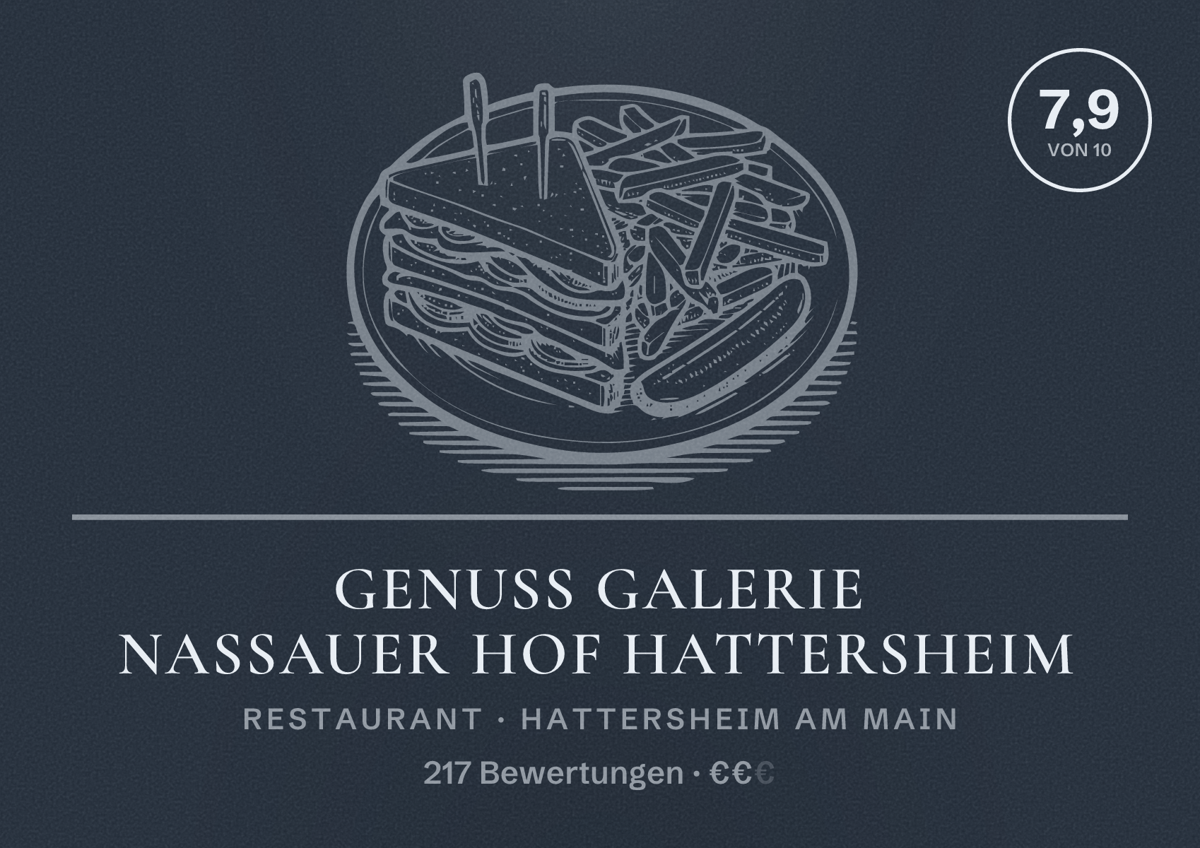 Illustriertes Poster von Genuss Galerie Nassauer Hof Hattersheim, Restaurant in Hattersheim am Main: Bewertung 7,9 von 10 aus 217 Bewertungen, Preisniveau €€