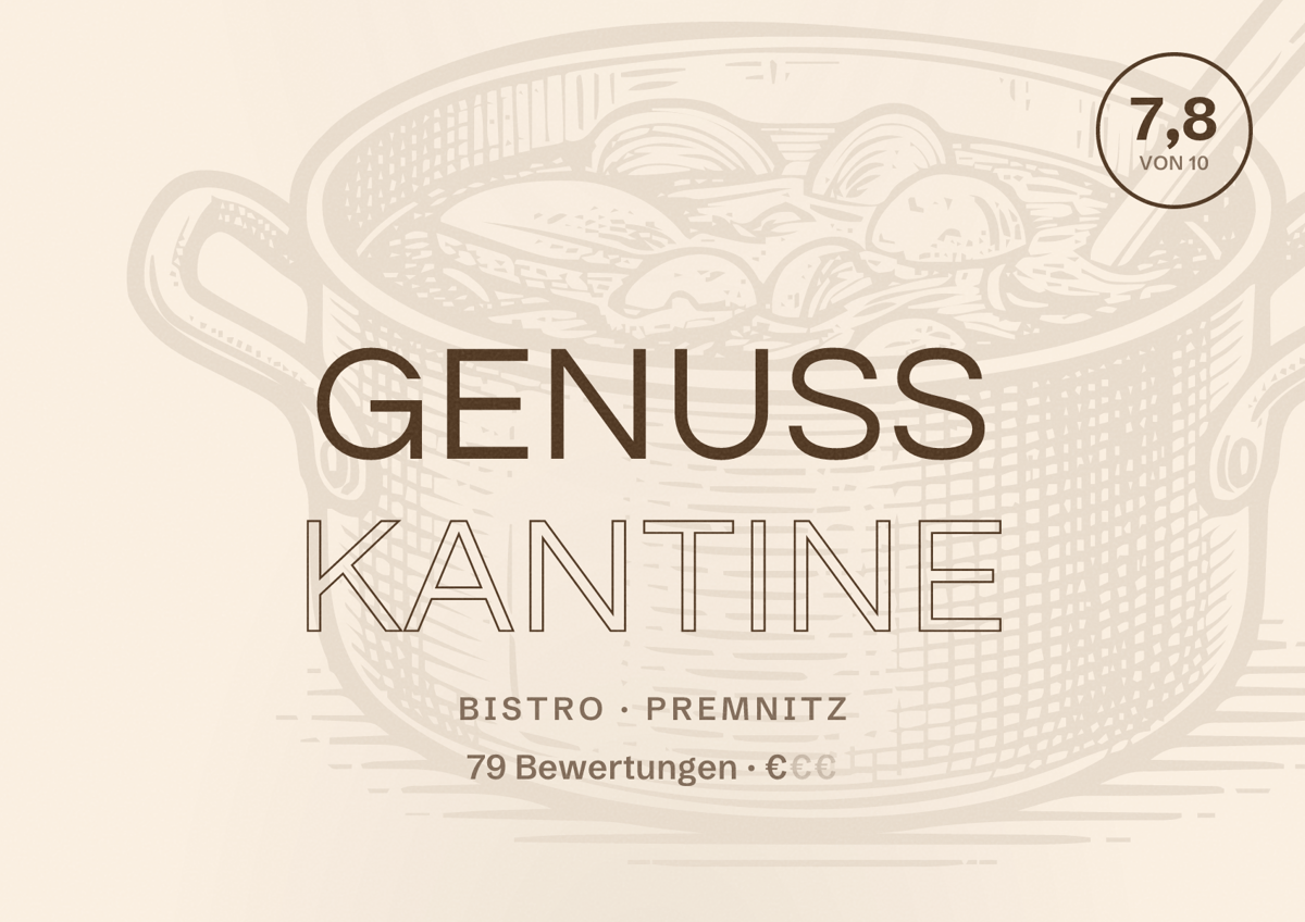 Illustriertes Poster von Genuss Kantine, Bistro in Premnitz: Bewertung 7,8 von 10 aus 79 Bewertungen, Preisniveau €