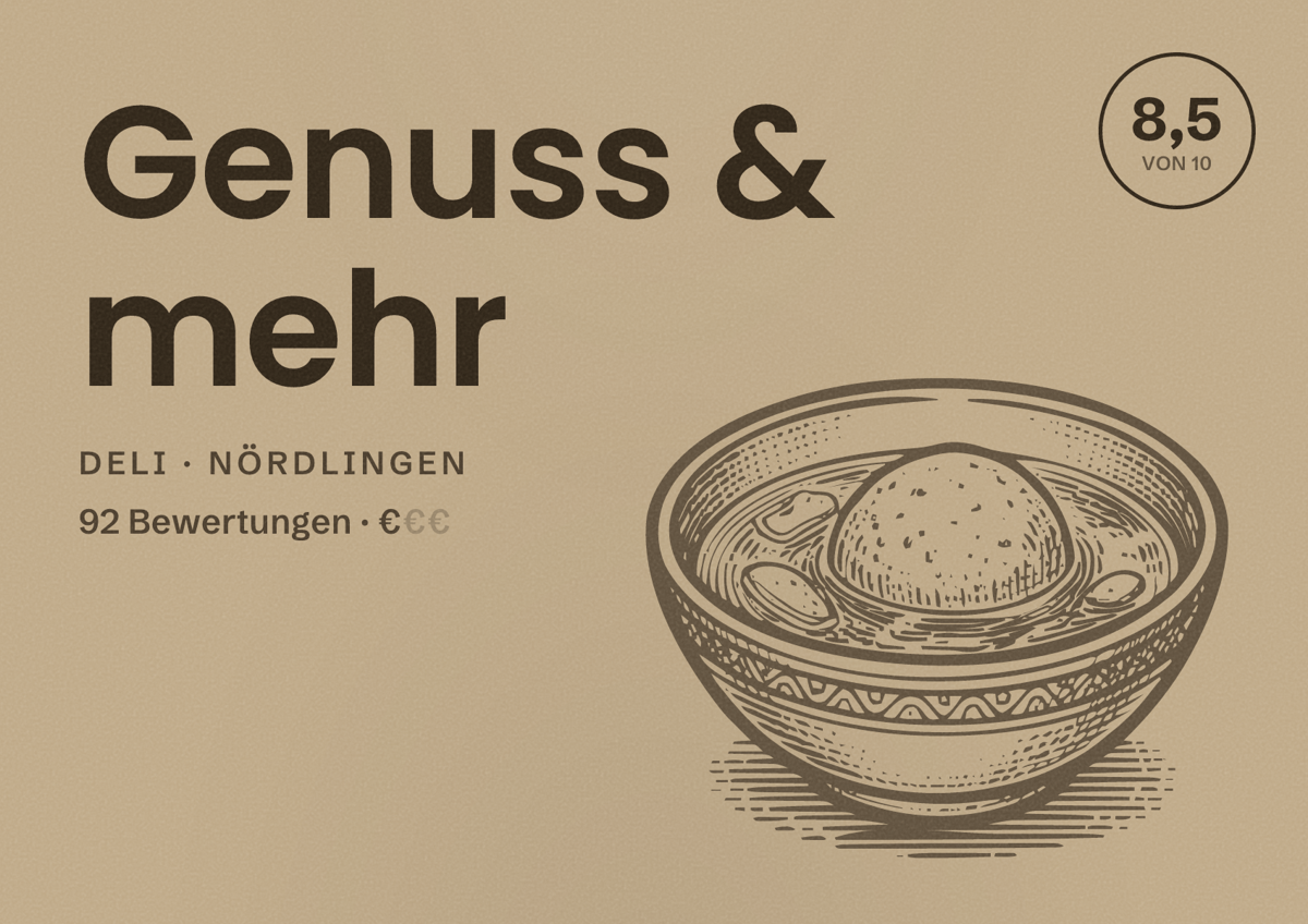 Illustriertes Poster von Genuss & mehr, Deli in Nördlingen: Bewertung 8,5 von 10 aus 92 Bewertungen, Preisniveau €
