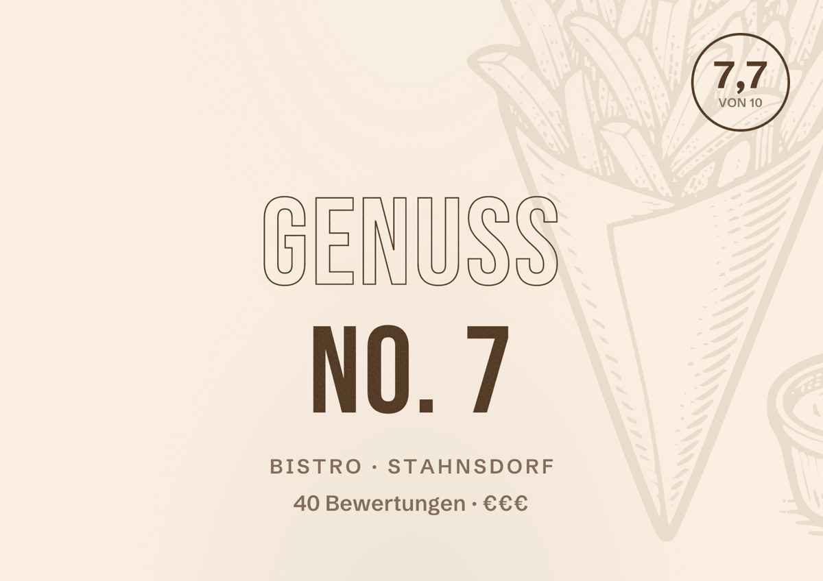 Illustriertes Poster von Genuss No. 7, Bistro in Stahnsdorf: Bewertung 7,7 von 10 aus 40 Bewertungen, Preisniveau €€€