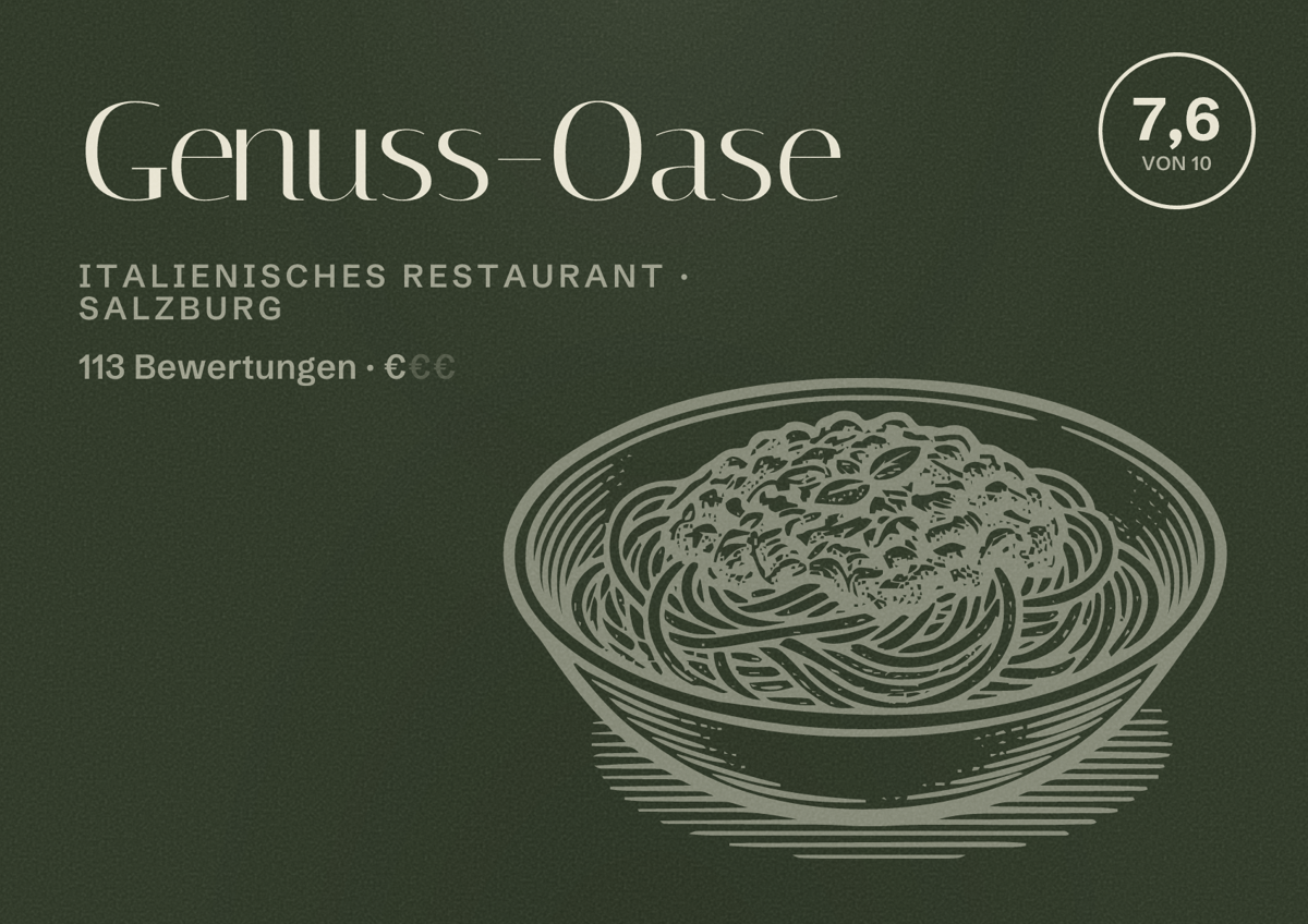 Illustriertes Poster von Genuss-Oase, Italienisches Restaurant in Salzburg: Bewertung 7,6 von 10 aus 113 Bewertungen, Preisniveau €