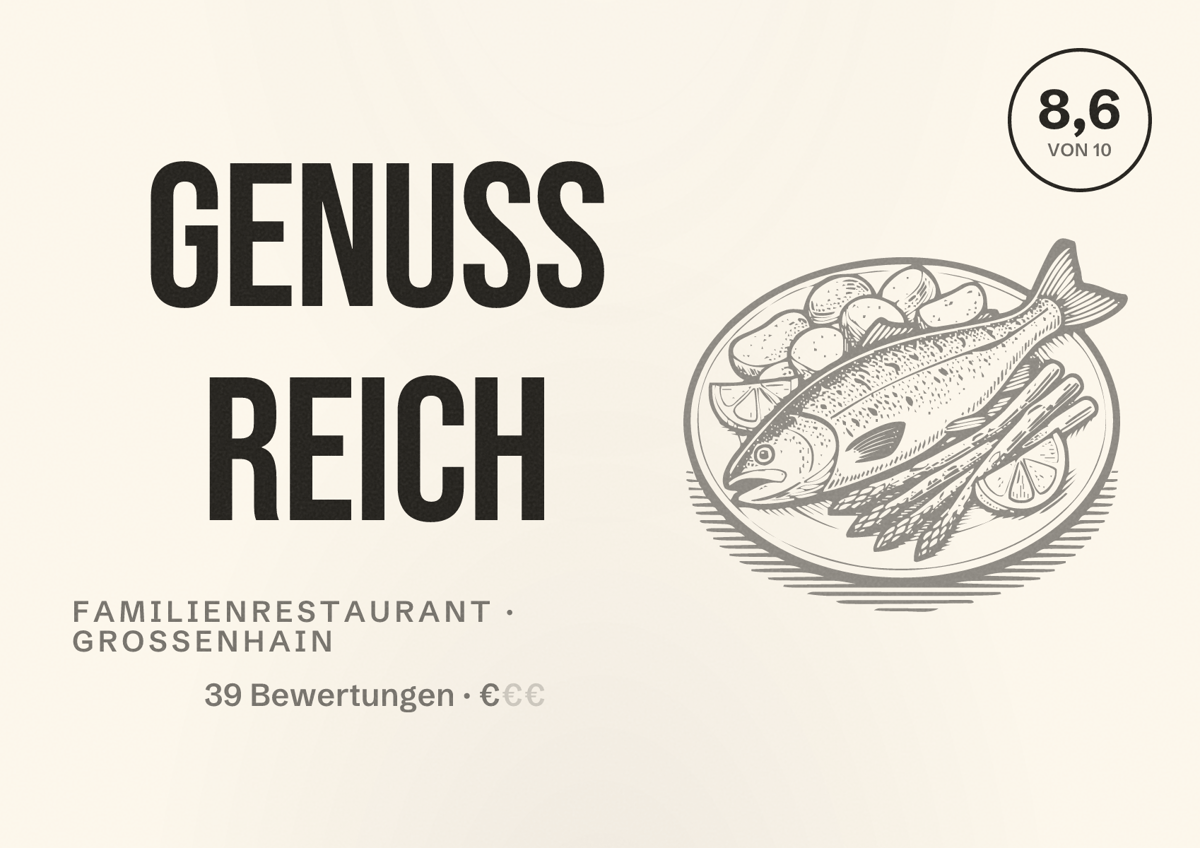 Illustriertes Poster von Genuss Reich, Familienrestaurant in Großenhain: Bewertung 8,6 von 10 aus 39 Bewertungen, Preisniveau €