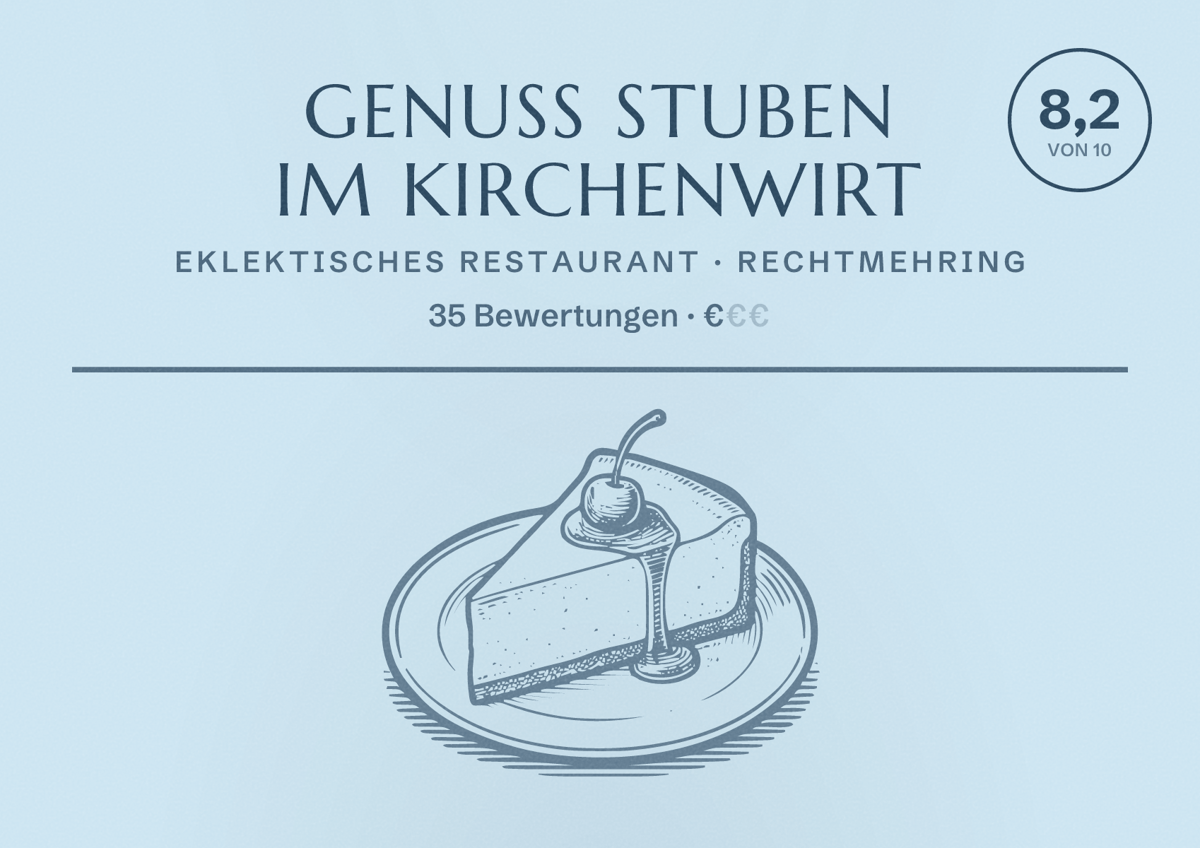 Illustriertes Poster von Genuss Stuben im Kirchenwirt, Eklektisches Restaurant in Rechtmehring: Bewertung 8,2 von 10 aus 35 Bewertungen, Preisniveau €