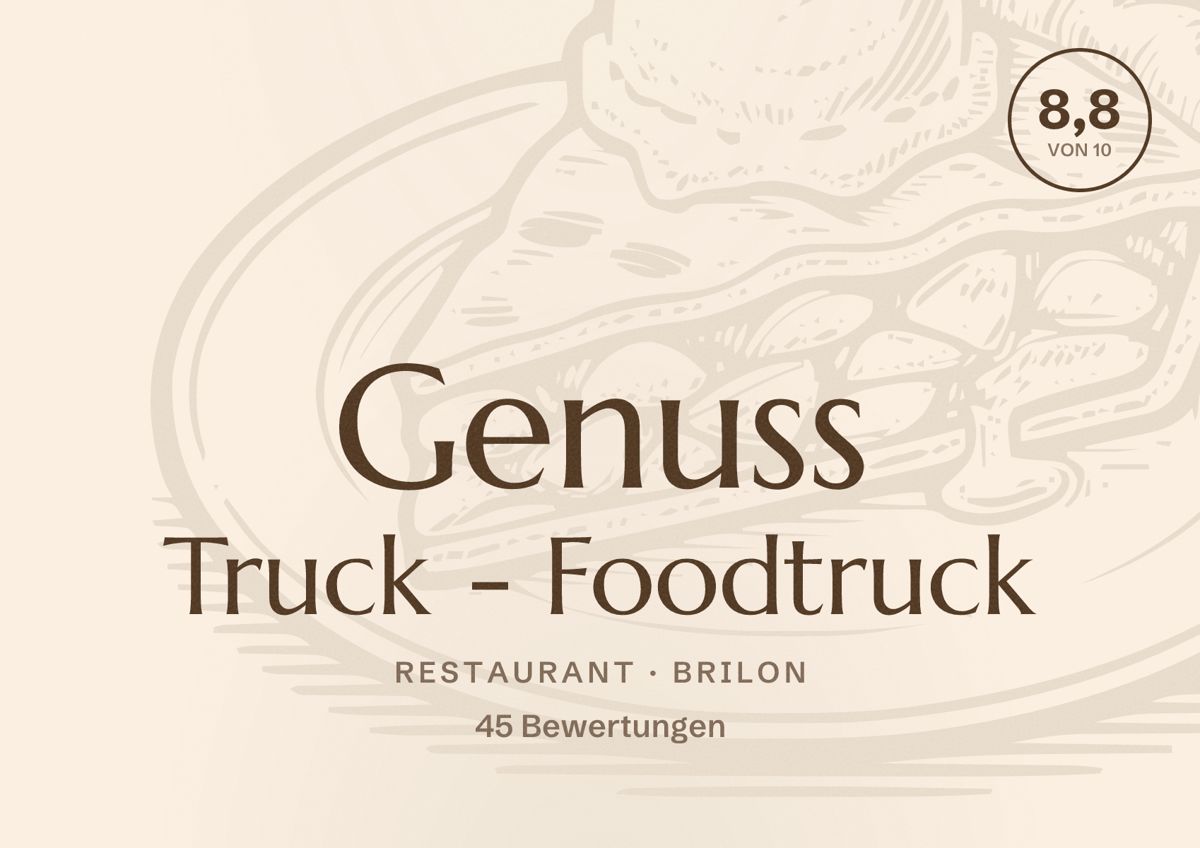 Illustriertes Poster von Genuss Truck - Foodtruck, Restaurant in Brilon: Bewertung 8,8 von 10 aus 45 Bewertungen