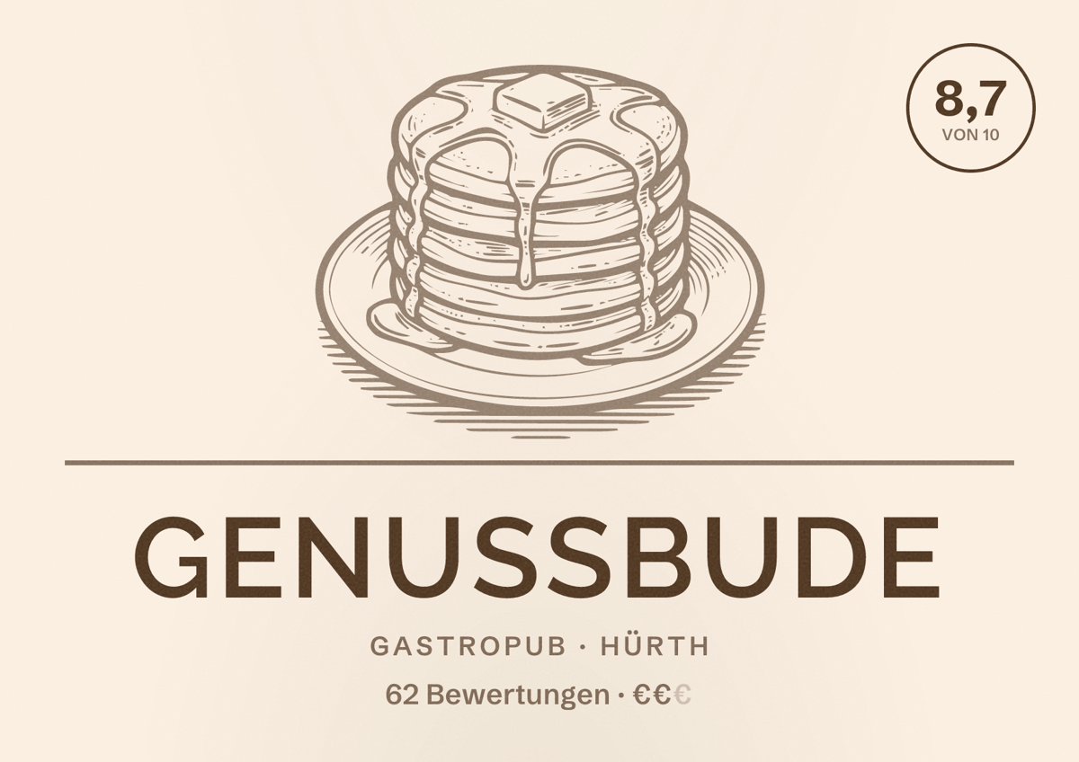 Illustriertes Poster von Genussbude, Gastropub in Hürth: Bewertung 8,7 von 10 aus 62 Bewertungen, Preisniveau €€