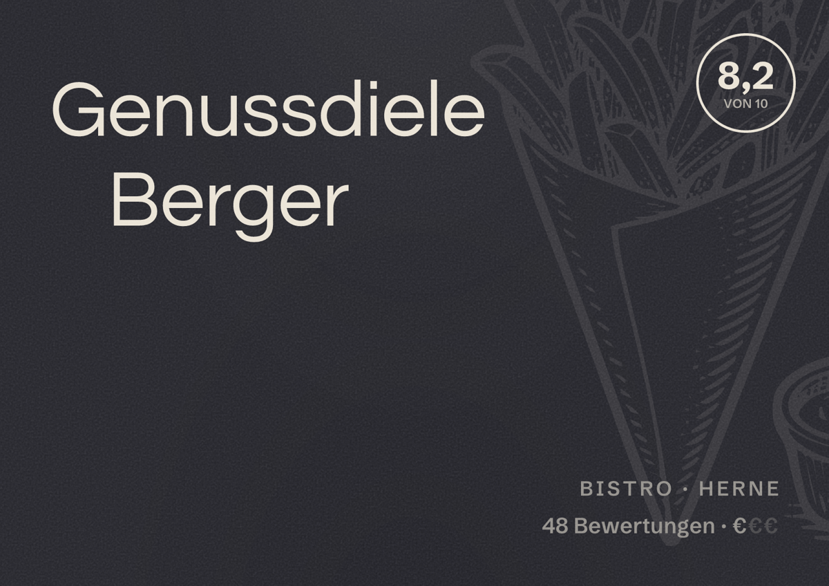Illustriertes Poster von Genussdiele Berger, Bistro in Herne: Bewertung 8,2 von 10 aus 48 Bewertungen, Preisniveau €