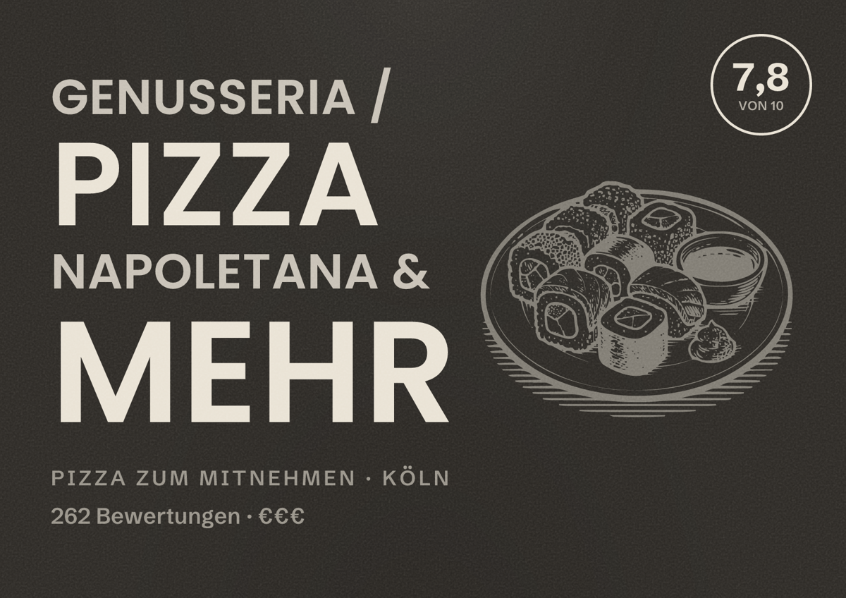 Illustriertes Poster von Genusseria / Pizza Napoletana & mehr, Pizza zum Mitnehmen in Köln: Bewertung 7,8 von 10 aus 262 Bewertungen, Preisniveau €€€