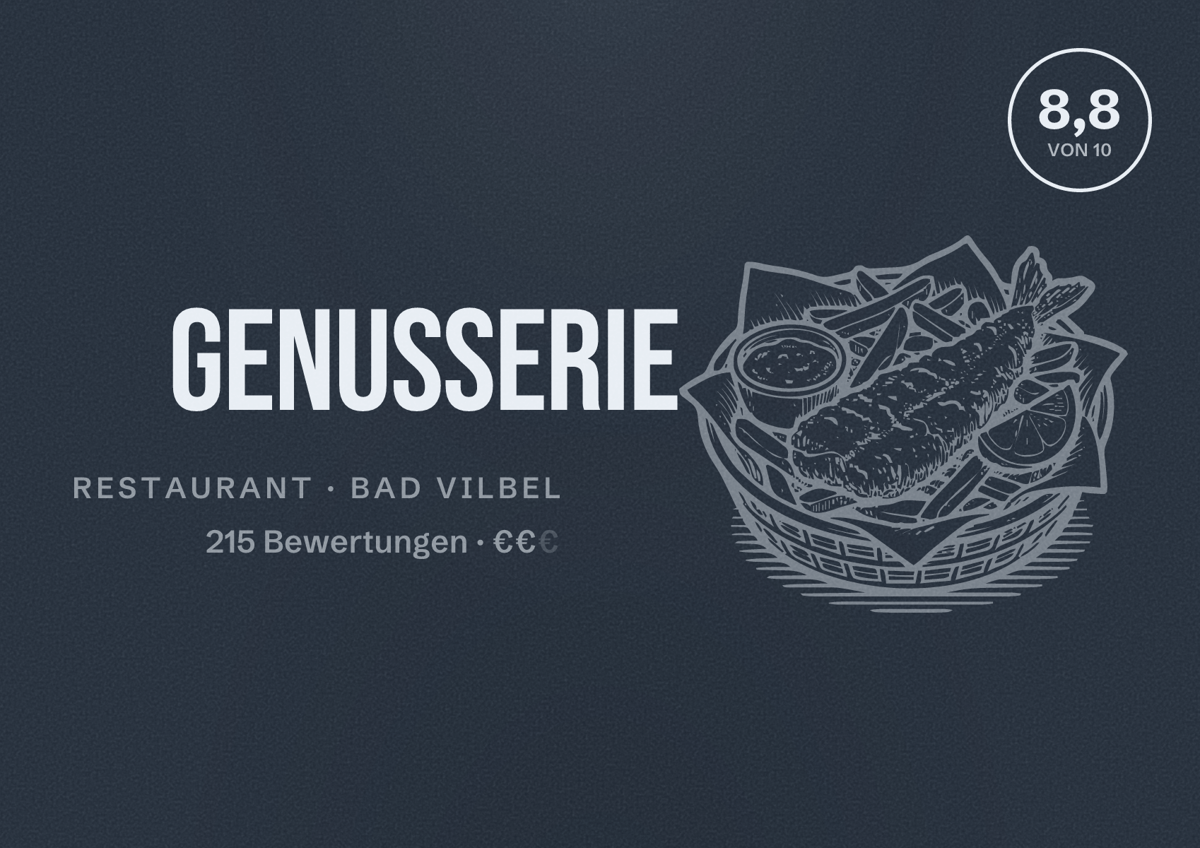 Illustriertes Poster von Genusserie, Restaurant in Bad Vilbel: Bewertung 8,8 von 10 aus 215 Bewertungen, Preisniveau €€