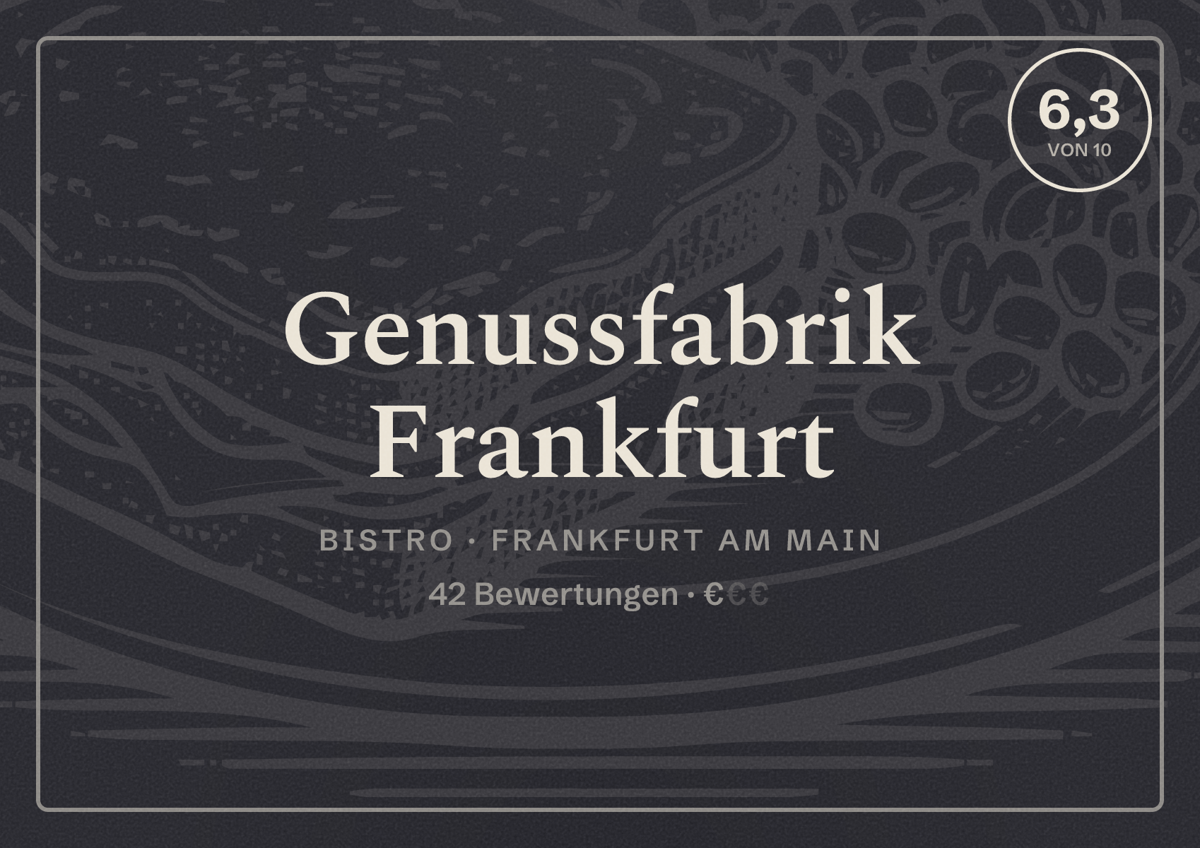 Illustriertes Poster von Genussfabrik Frankfurt, Bistro in Frankfurt am Main: Bewertung 6,3 von 10 aus 42 Bewertungen, Preisniveau €€