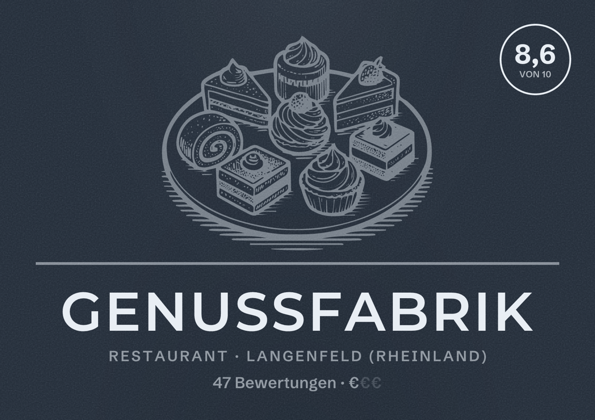 Illustriertes Poster von Genussfabrik, Restaurant in Langenfeld (Rheinland): Bewertung 8,6 von 10 aus 47 Bewertungen, Preisniveau €