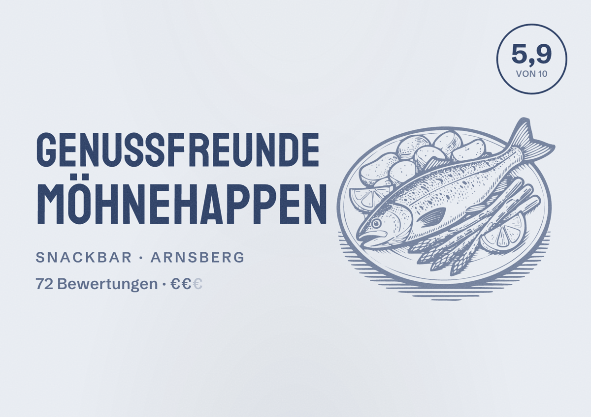 Illustriertes Poster von Genussfreunde Möhnehappen, Snackbar in Arnsberg: Bewertung 5,9 von 10 aus 72 Bewertungen, Preisniveau €€