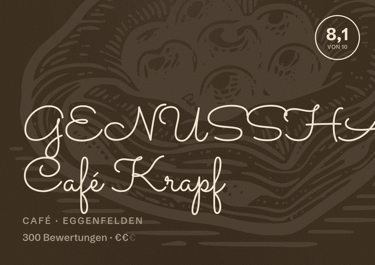 Illustriertes Poster von GENUSSHANDWERK Café Krapf, Café in Eggenfelden: Bewertung 8,1 von 10 aus 300 Bewertungen, Preisniveau €€
