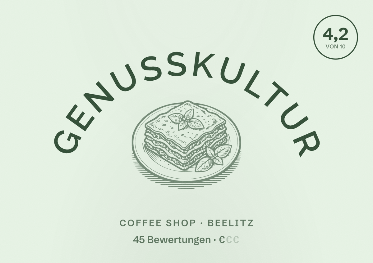 Illustriertes Poster von Genusskultur, Coffee Shop in Beelitz: Bewertung 4,2 von 10 aus 45 Bewertungen, Preisniveau €