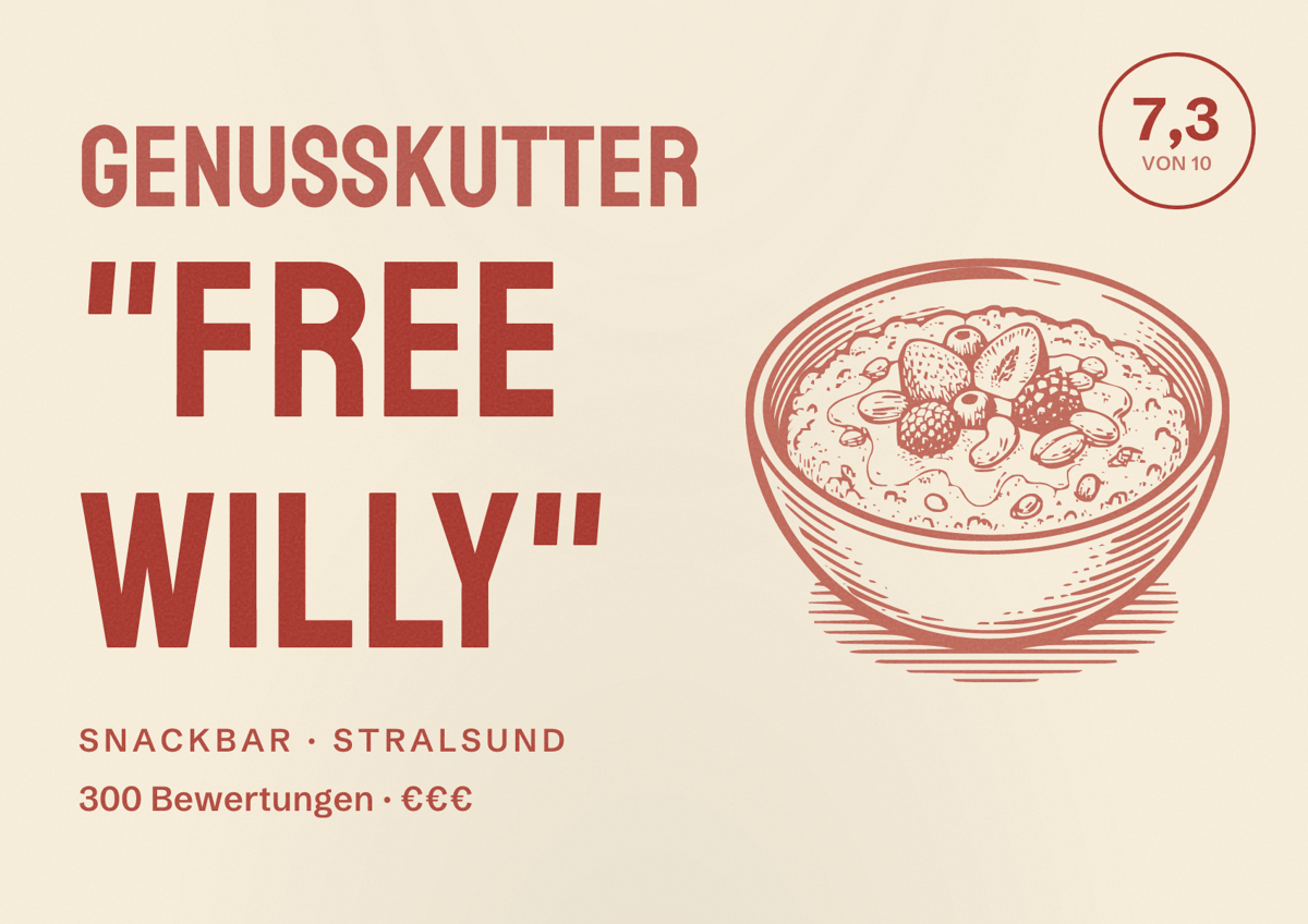 Illustriertes Poster von Genusskutter "Free Willy", Snackbar in Stralsund: Bewertung 7,3 von 10 aus 300 Bewertungen, Preisniveau €€€