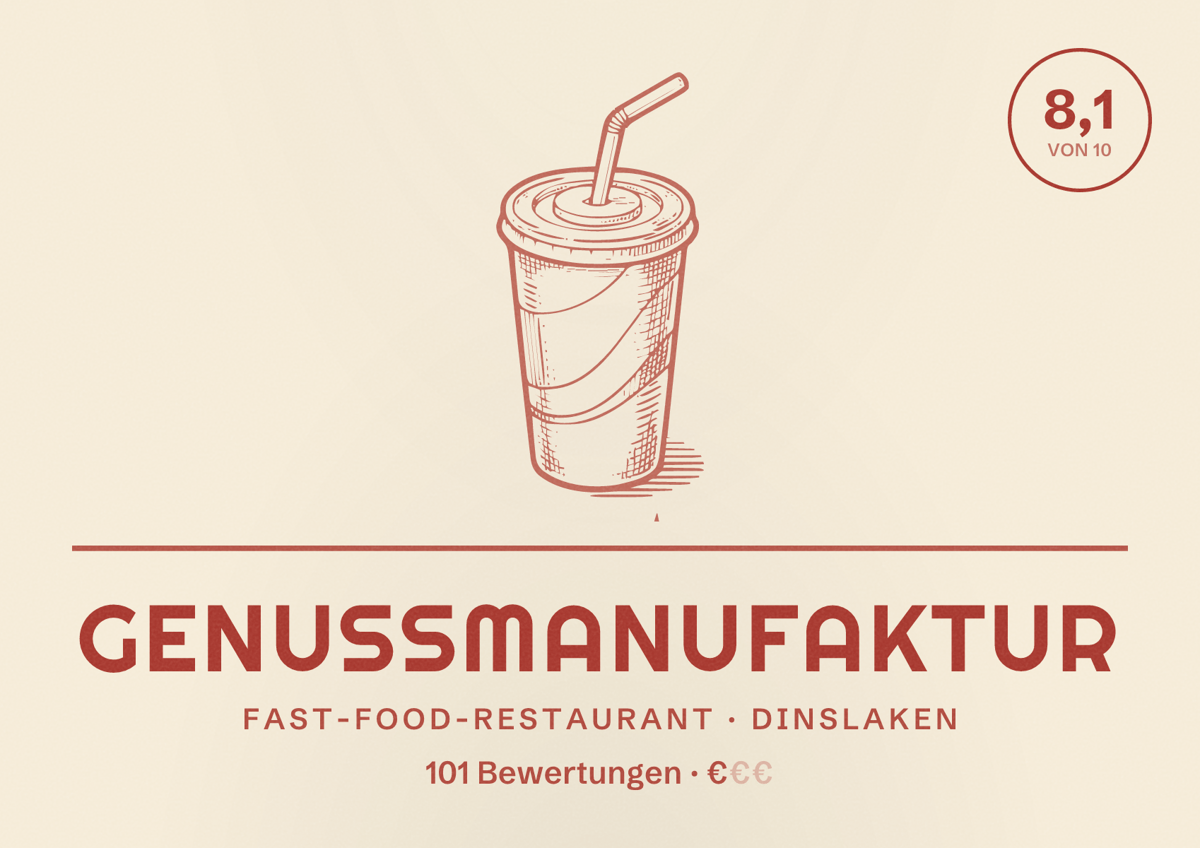 Illustriertes Poster von Genussmanufaktur, Fast-Food-Restaurant in Dinslaken: Bewertung 8,1 von 10 aus 101 Bewertungen, Preisniveau €