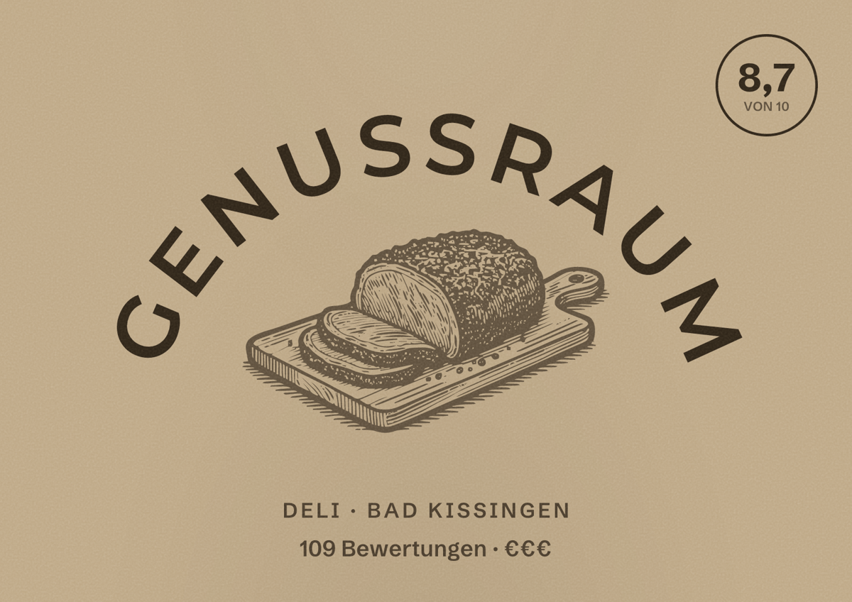 Illustriertes Poster von GenussRaum, Deli in Bad Kissingen: Bewertung 8,7 von 10 aus 109 Bewertungen, Preisniveau €€€