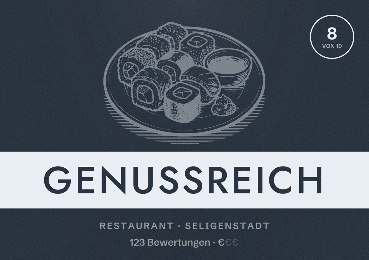 Illustriertes Poster von GenussReich, Restaurant in Seligenstadt: Bewertung 8 von 10 aus 123 Bewertungen, Preisniveau €