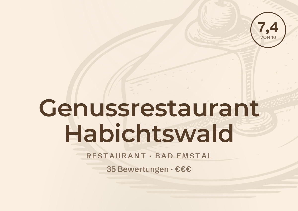 Illustriertes Poster von Genussrestaurant Habichtswald, Restaurant in Bad Emstal: Bewertung 7,4 von 10 aus 35 Bewertungen, Preisniveau €€€