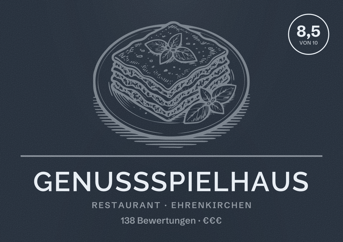 Illustriertes Poster von Genussspielhaus, Restaurant in Ehrenkirchen: Bewertung 8,5 von 10 aus 138 Bewertungen, Preisniveau €€€