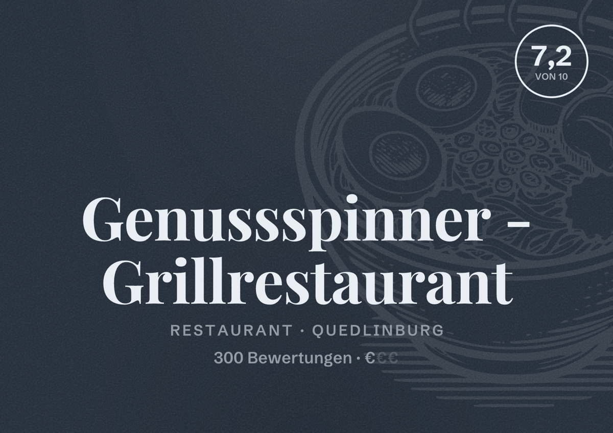 Illustriertes Poster von Genussspinner - Grillrestaurant, Restaurant in Quedlinburg: Bewertung 7,2 von 10 aus 300 Bewertungen, Preisniveau €