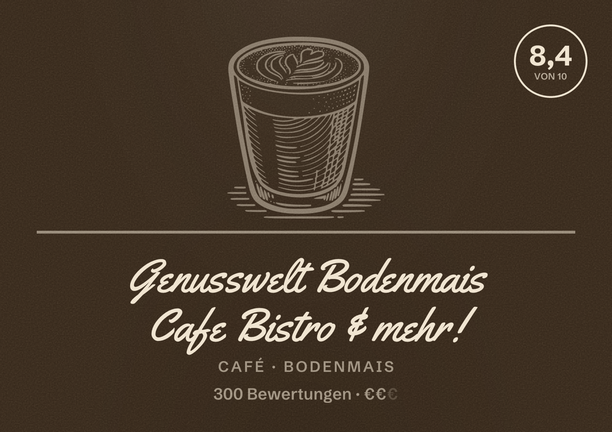 Illustriertes Poster von Genusswelt Bodenmais Cafe Bistro & mehr!, Café in Bodenmais: Bewertung 8,4 von 10 aus 300 Bewertungen, Preisniveau €€