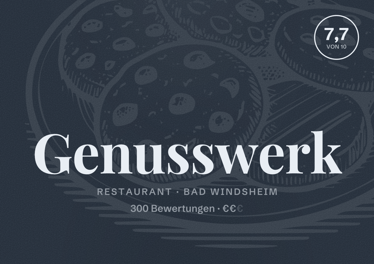 Illustriertes Poster von Genusswerk, Restaurant in Bad Windsheim: Bewertung 7,7 von 10 aus 300 Bewertungen, Preisniveau €€