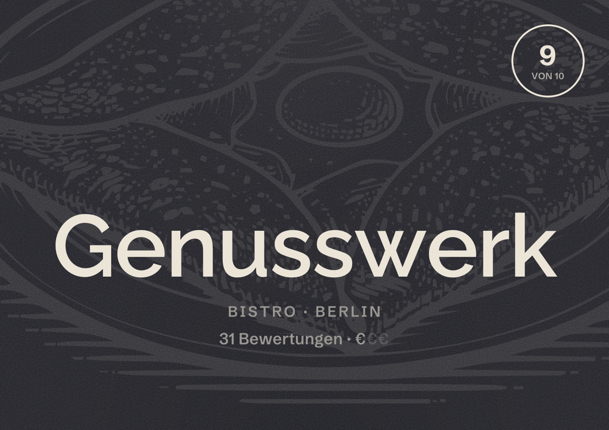 Illustriertes Poster von Genusswerk, Bistro in Berlin: Bewertung 9,0 von 10 aus 31 Bewertungen, Preisniveau €