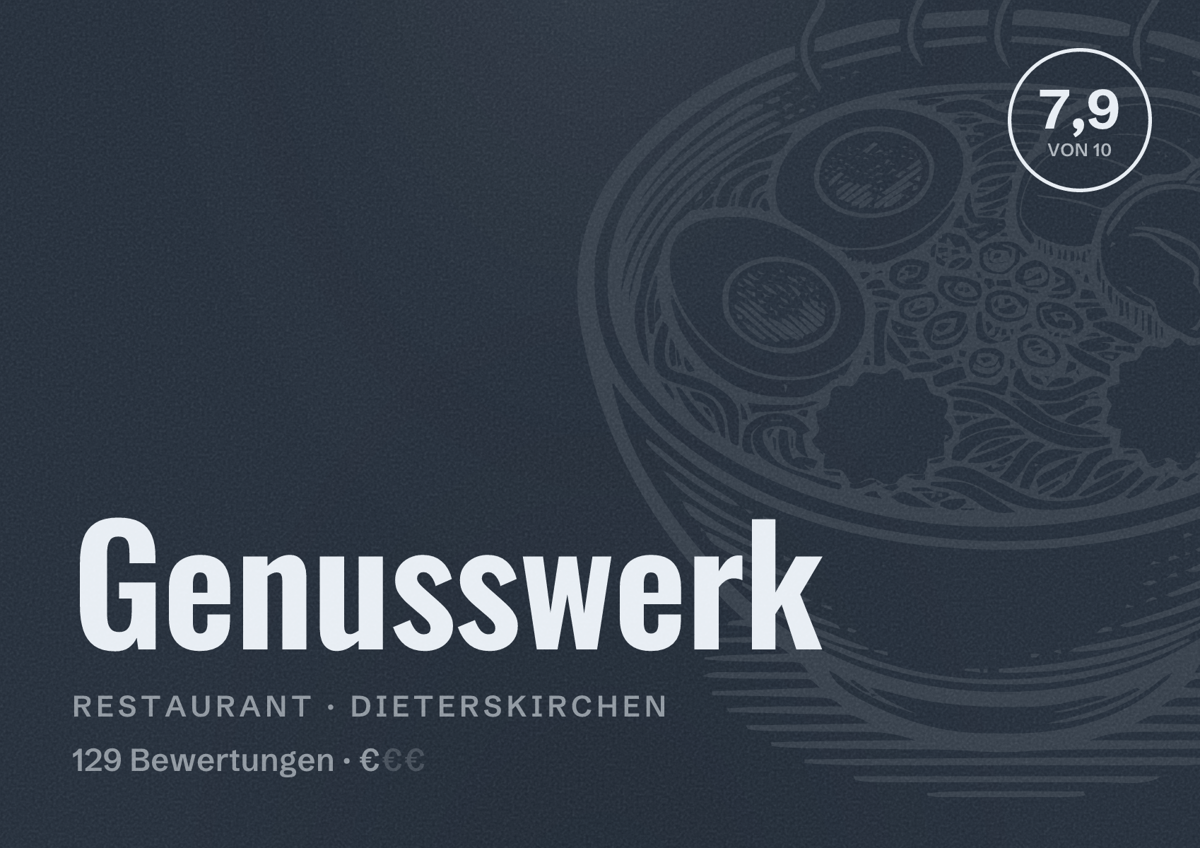 Illustriertes Poster von Genusswerk, Restaurant in Dieterskirchen: Bewertung 7,9 von 10 aus 129 Bewertungen, Preisniveau €