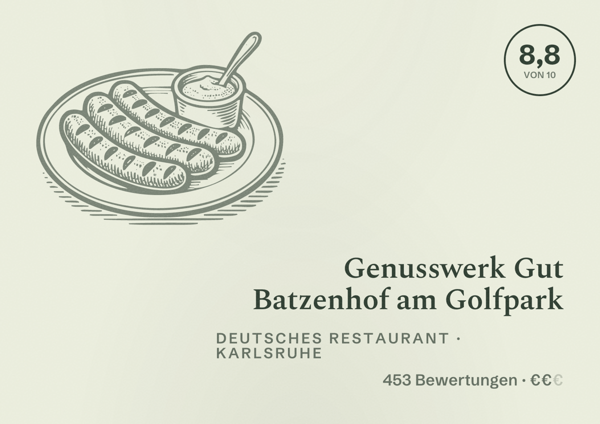 Illustriertes Poster von Genusswerk Gut Batzenhof am Golfpark, Deutsches Restaurant in Karlsruhe: Bewertung 8,8 von 10 aus 453 Bewertungen, Preisniveau €€