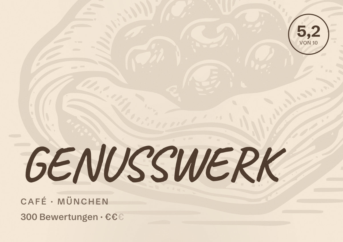 Illustriertes Poster von GENUSSWERK, Café in München: Bewertung 5,2 von 10 aus 300 Bewertungen, Preisniveau €€