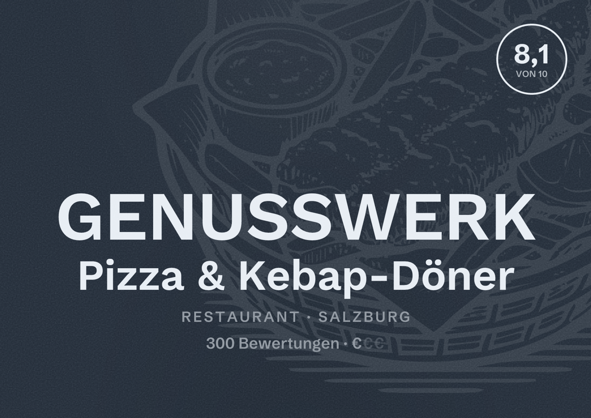 Illustriertes Poster von GENUSSWERK Pizza & Kebap-Döner, Restaurant in Salzburg: Bewertung 8,1 von 10 aus 300 Bewertungen, Preisniveau €
