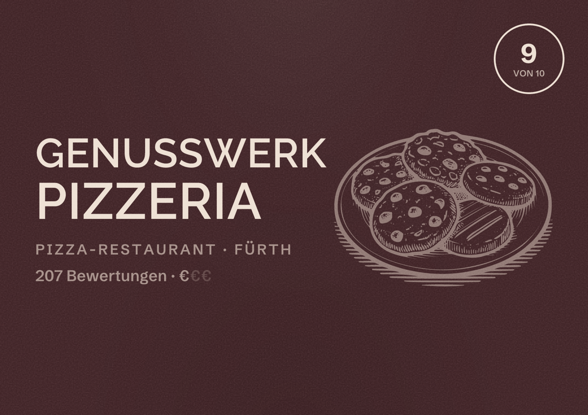 Illustriertes Poster von GENUSSWERK PIZZERIA, Pizza-Restaurant in Fürth: Bewertung 9 von 10 aus 207 Bewertungen, Preisniveau €