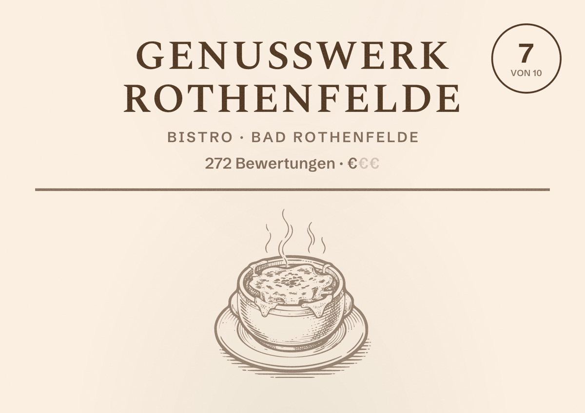 Illustriertes Poster von Genusswerk Rothenfelde, Bistro in Bad Rothenfelde: Bewertung 7 von 10 aus 272 Bewertungen, Preisniveau €