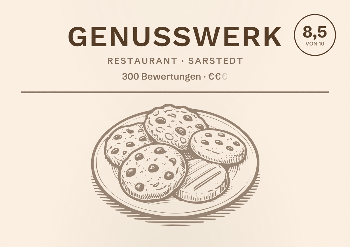 Illustriertes Poster von GENUSSWERK, Restaurant in Sarstedt: Bewertung 8,5 von 10 aus 300 Bewertungen, Preisniveau €€