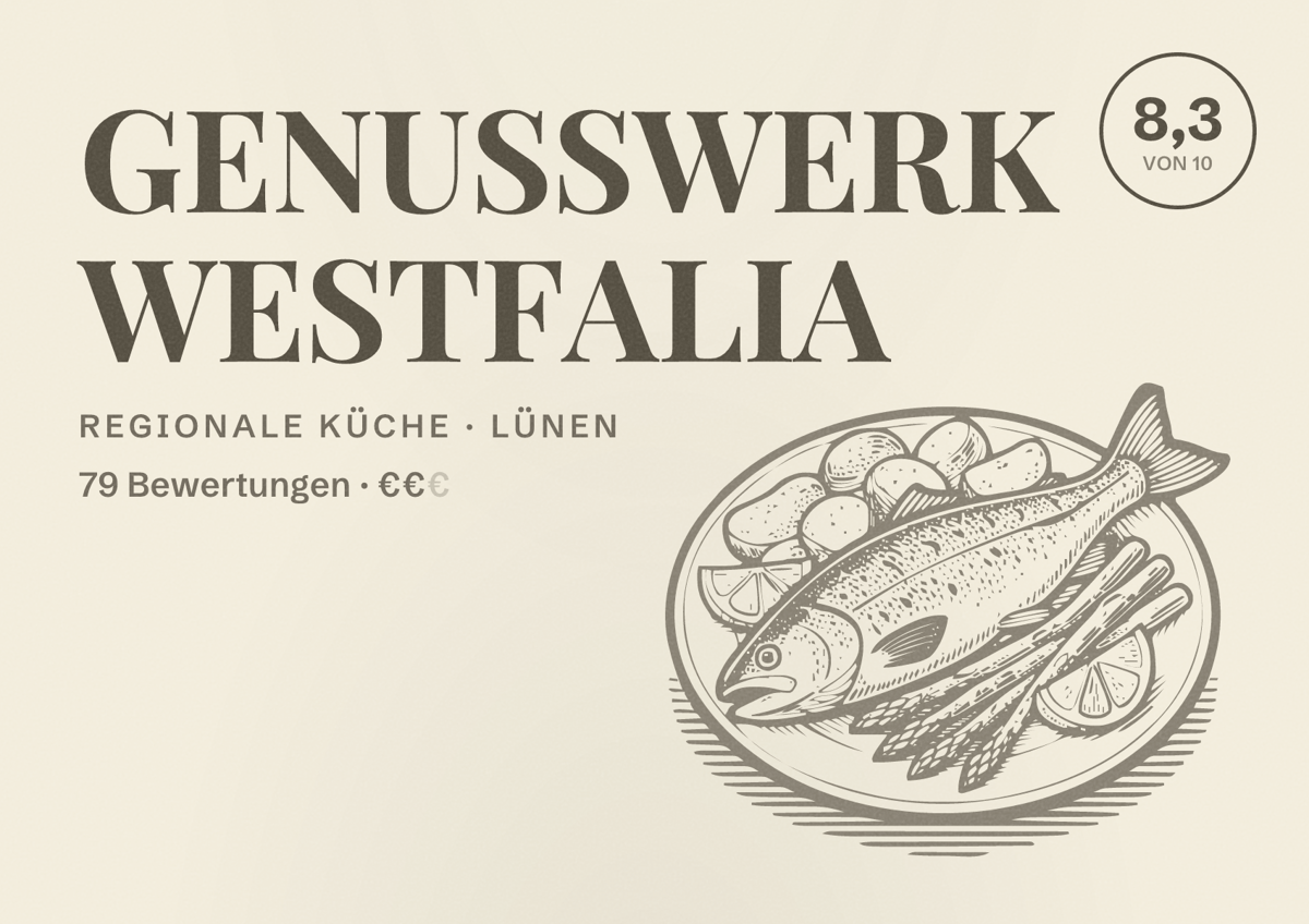 Illustriertes Poster von GENUSSWERK WESTFALIA, Regionale Küche in Lünen: Bewertung 8,3 von 10 aus 79 Bewertungen, Preisniveau €€