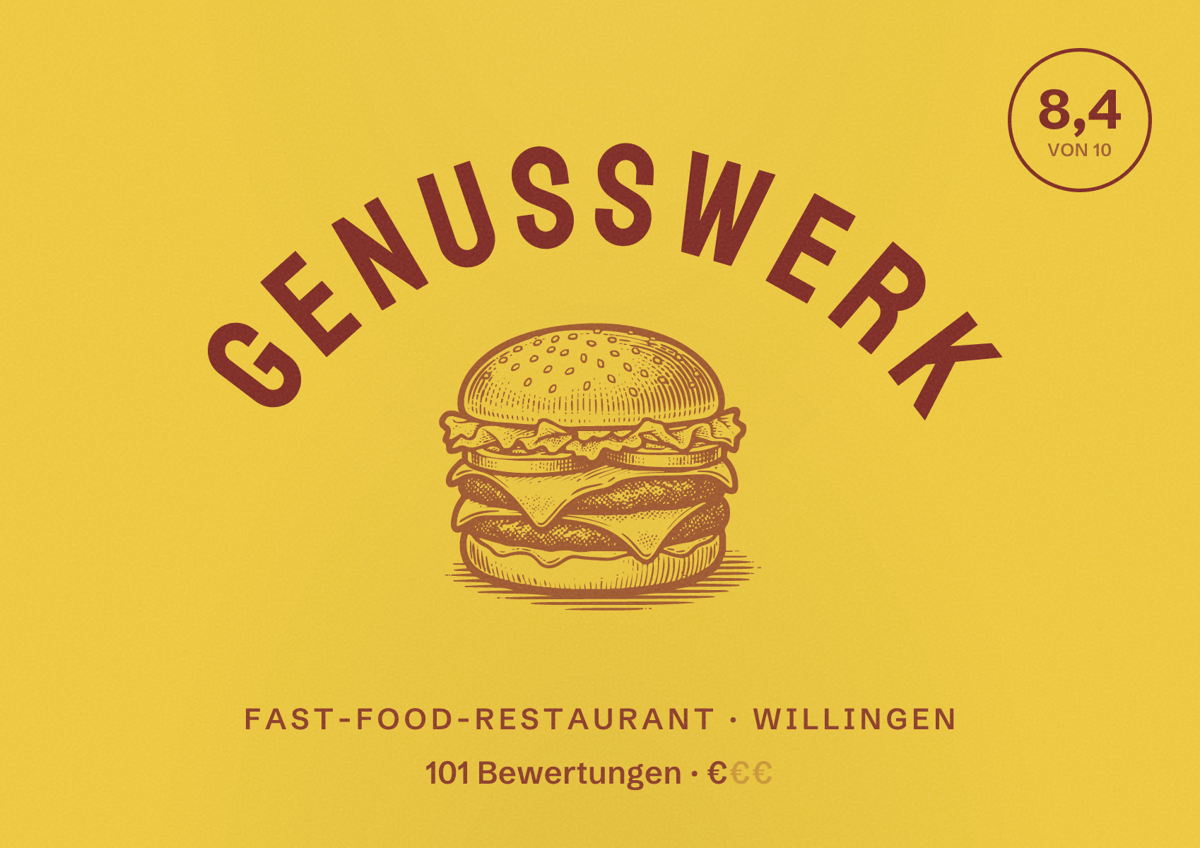 Illustriertes Poster von Genusswerk, Fast-Food-Restaurant in Willingen: Bewertung 8,4 von 10 aus 101 Bewertungen, Preisniveau €