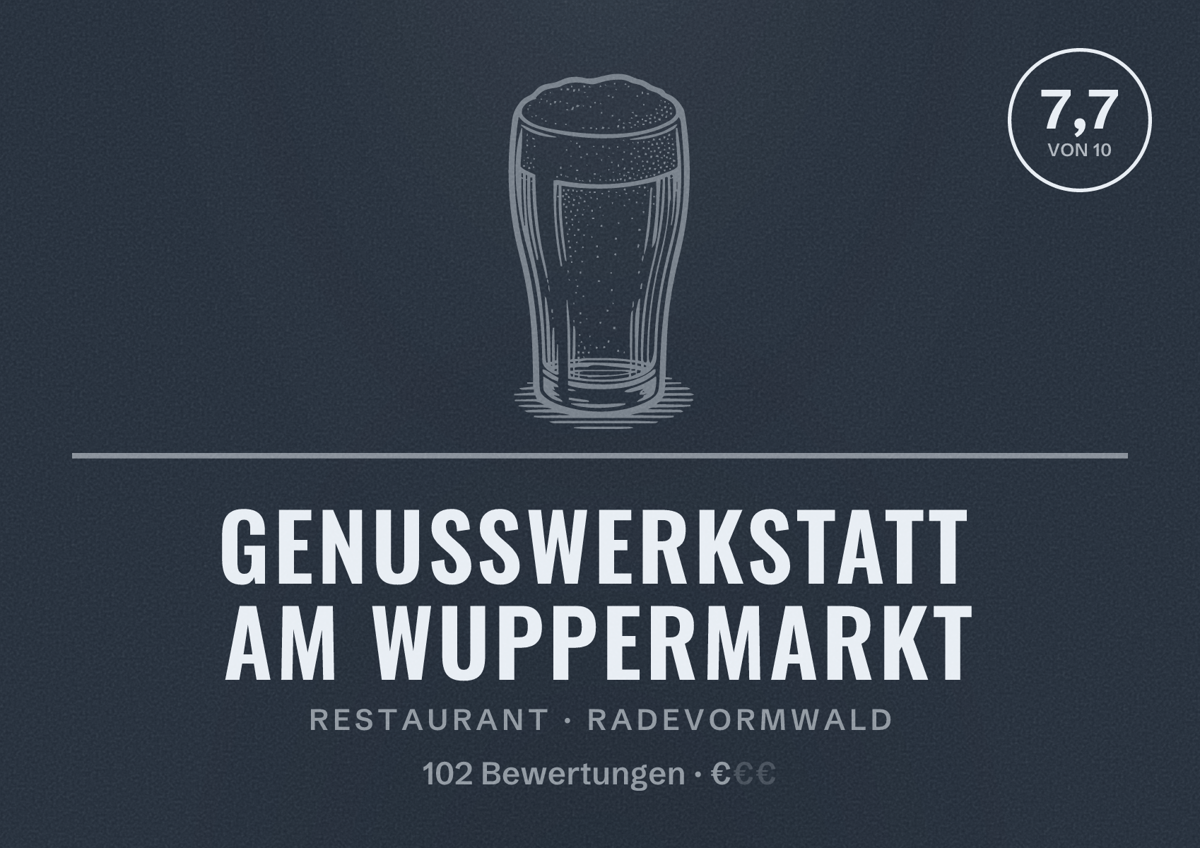 Illustriertes Poster von Genusswerkstatt am Wuppermarkt, Restaurant in Radevormwald: Bewertung 7,7 von 10 aus 102 Bewertungen, Preisniveau €