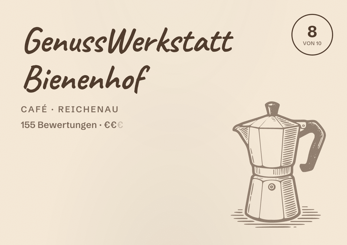 Illustriertes Poster von GenussWerkstatt Bienenhof, Café in Reichenau: Bewertung 8 von 10 aus 155 Bewertungen, Preisniveau €€