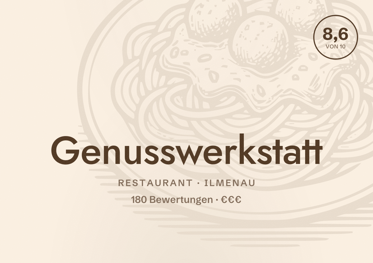 Illustriertes Poster von Genusswerkstatt, Restaurant in Ilmenau: Bewertung 8,6 von 10 aus 180 Bewertungen, Preisniveau €€€