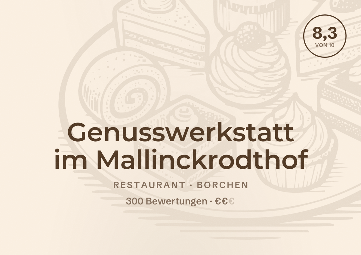 Illustriertes Poster von Genusswerkstatt im Mallinckrodthof, Restaurant in Borchen: Bewertung 8,3 von 10 aus 300 Bewertungen, Preisniveau €€