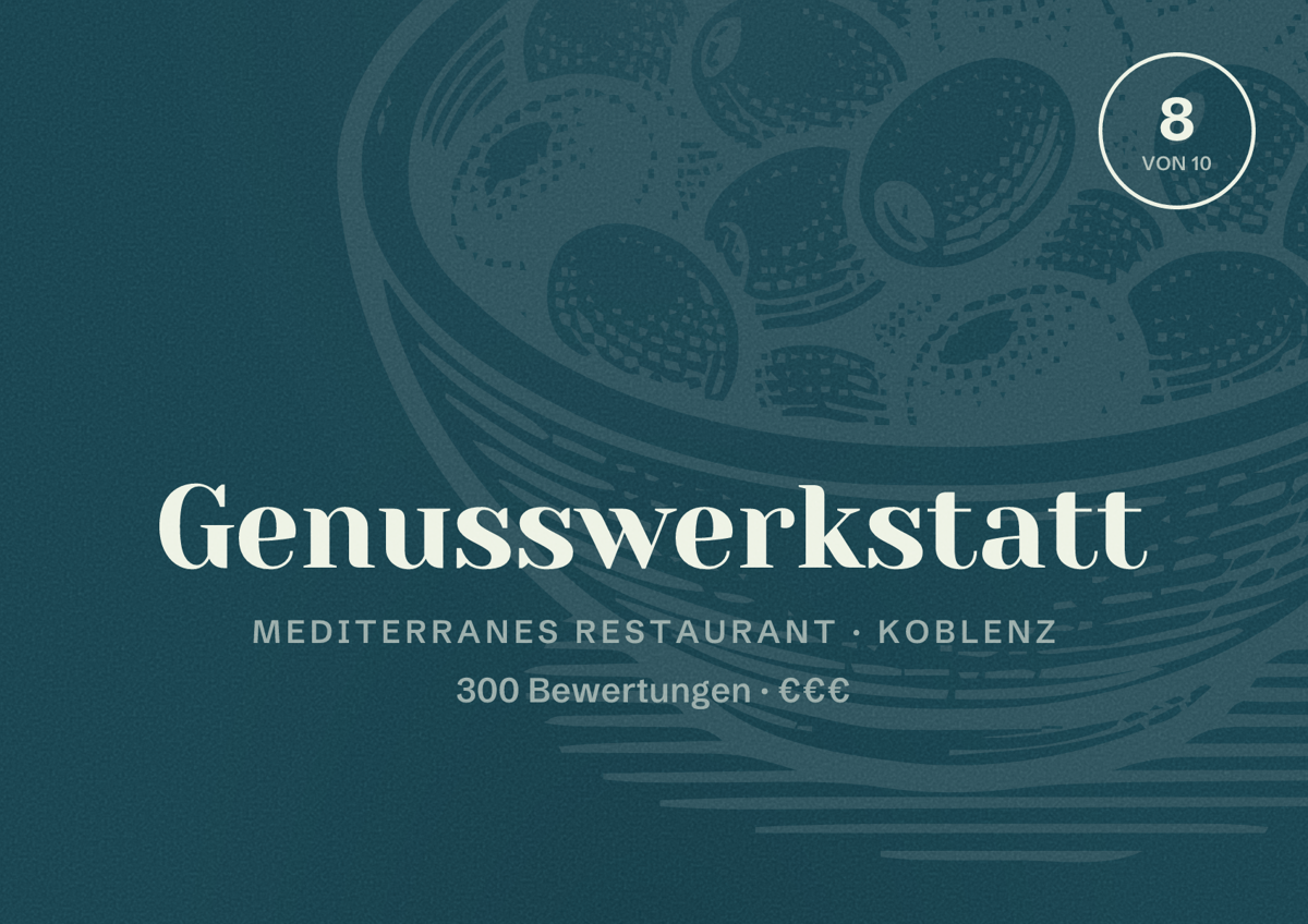 Illustriertes Poster von Genusswerkstatt, Mediterranes Restaurant in Koblenz: Bewertung 8 von 10 aus 300 Bewertungen, Preisniveau €€€